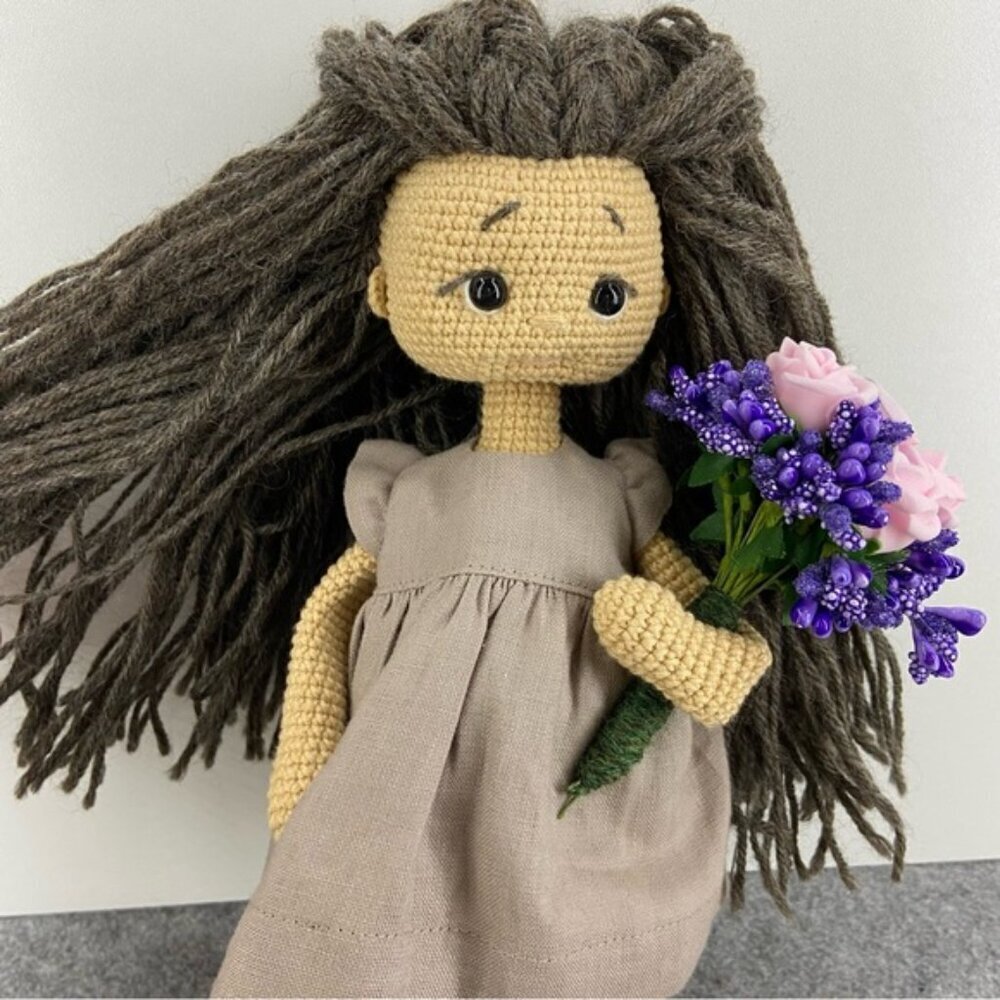 Handmade Crochet Doll with Brown Hair and Purple Boots - Picture 7 of 12